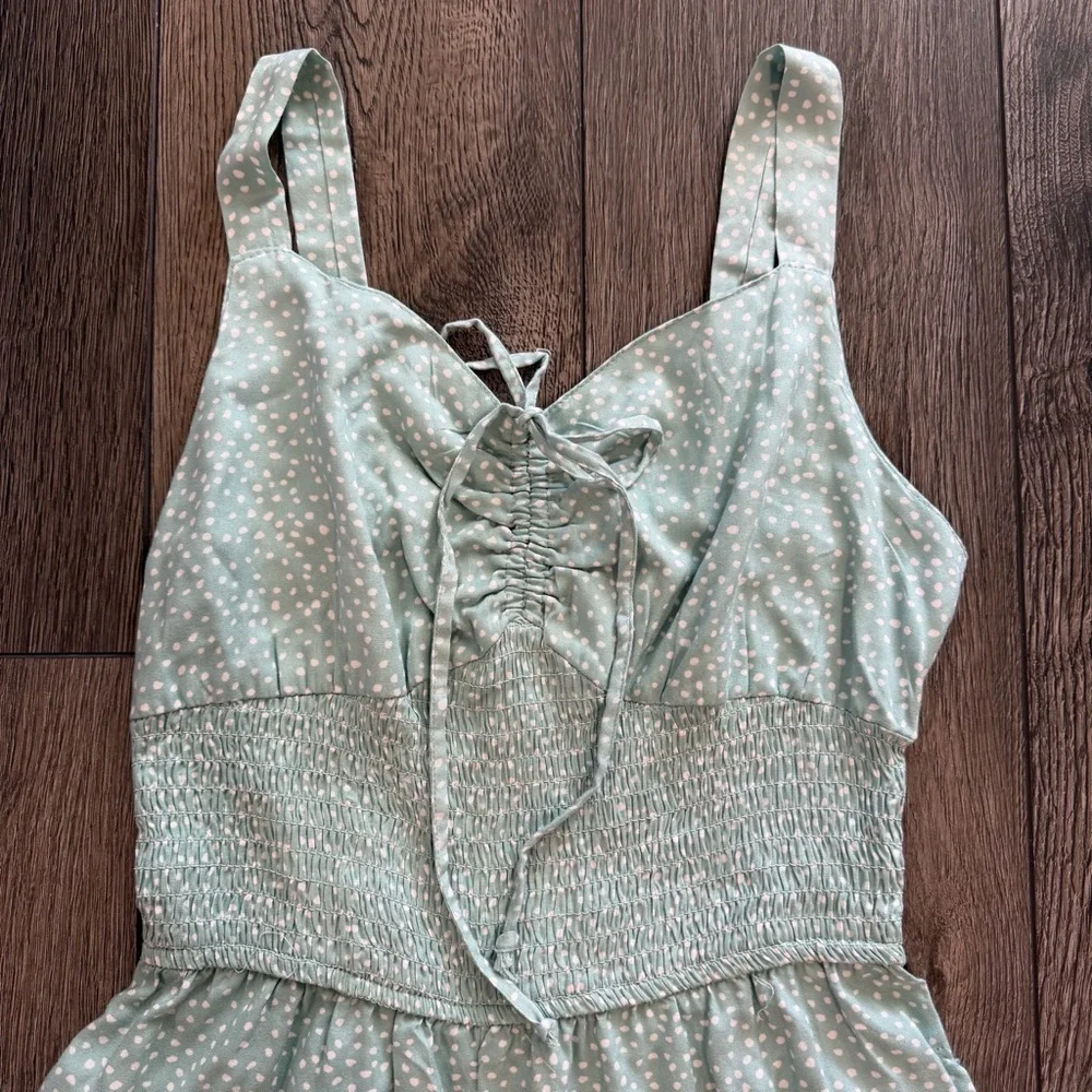 Jessica Simpson Seafoam Polka Dot Smocked Wide Leg Jumpsuit w/Pockets Size S - Picture 7 of 16